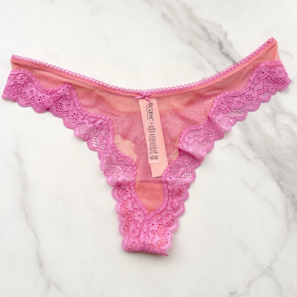NWT VICTORIAโS SECRET TEASE MESH LACE-TRIM HIGH-LEG THONG PANTY IN CORAL & NEW P